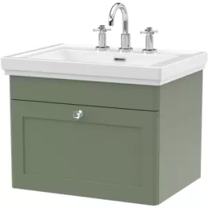 Classique Wall Hung 1-Drawer Vanity Unit with Basin 600mm Wide Satin Green - 3 Tap Hole - Nuie