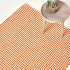 Cotton Gingham Check Rug Hand Woven Orange White, 70 x 120cm - Orange - Homescapes