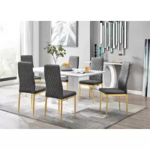 Furniture Box Imperia 6 White Dining Table and 6 Grey Velvet Milan Gold Leg Chairs