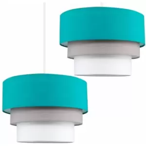 Minisun - 2 x Round 3 Tier Turquoise Teal, Grey & White Fabric Ceiling Light Shades