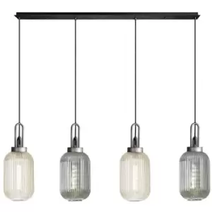 Luminosa Yorktown Linear Ceiling Pendant 4 Light E27 With 20cm Tubular Ribbed Glass, Aged Pewter, Champagne, Smoked, Matt Black