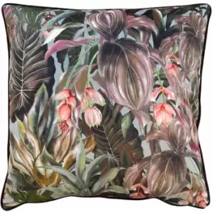 Wylder - Tropics Mogori Wild Medinilla Print Velvet Piped Edge Cushion Cover, Aubergine, 50 x 50 Cm