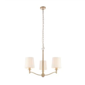 3 Light Multi Arm Pendant Matt Antique Brass, Vintage White Faux Silk, E14