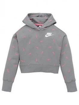 Nike Girls NSW All Over Print Cropped Hoodie - Grey/Pink Size M Women