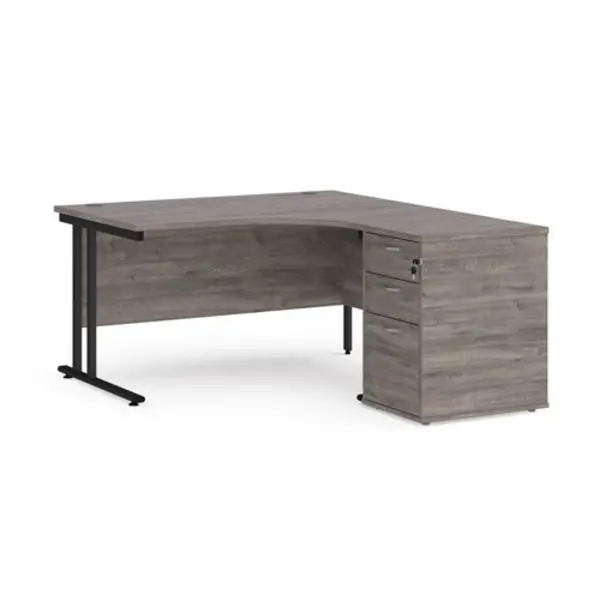 Office Desk Right Hand Corner Desk 1400mm With Pedestal Grey Oak Top With Black Frame Maestro 25