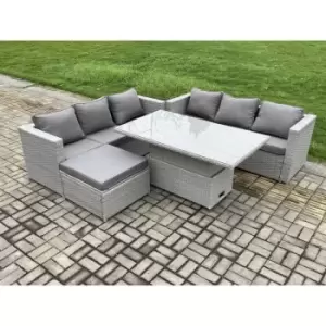 Fimous 6 Seater Outdoor Light Grey Rattan Lounge Complete Sofa Set with Height Adjustable Table and Big Footstool