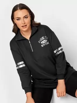 Yours Metallic Varsity Half Zip Sweatshirt, Black, Size 30-32, Women