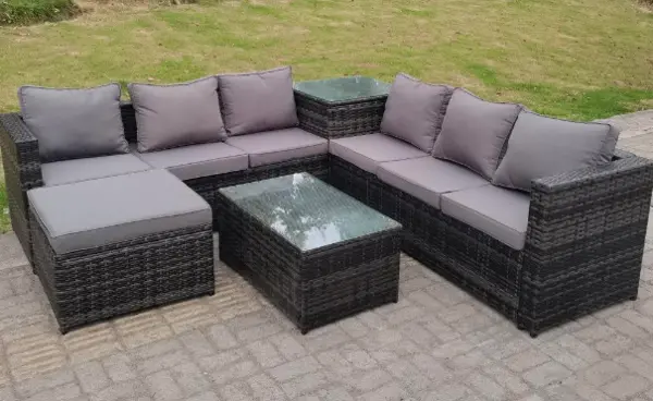 Fimous 6 Seater Outdoor Dark Grey Rattan Lounge Complete Sofa Set with Oblong Coffee Table and Big Footstool