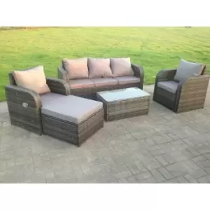 Fimous 5 Seater Outdoor Dark Grey Wicker Rattan Lounge Complete Sofa Set with Reclining Chair and Big Footstool