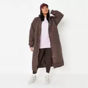 Missguided Bungee Waist Longline Maxi Puffer - Brown