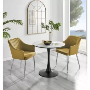 Furniturebox UK - Furniturebox Elina White Marble Effect Modern 80cm Round Dining Table & 2 Mustard Calla Silver Leg Velvet Chairs