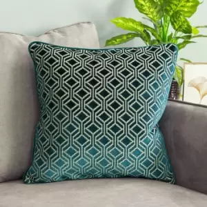 Paoletti - Avenue Geometric Jacquard Velvet Cushion Cover, Teal, 45 x 45 Cm