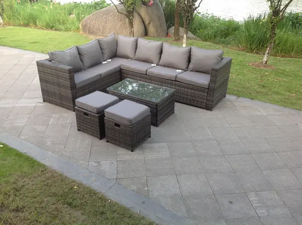 Fimous 6 Seater Outdoor Dark Grey Rattan Lounge Complete Sofa Set with Rectangular Coffee Table and 2 Stools