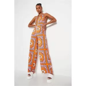 I Saw It First Orange Woven Scarf Print Zip Front Wide Leg Jumpsuit - Orange