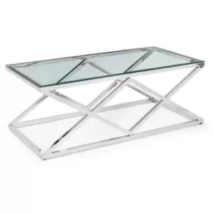 X Frame Coffee Table Clear Glass Chrome Metal Frame - Hessle