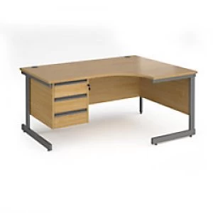 Dams International Right Hand Ergonomic Desk with 3 Lockable Drawers Pedestal and Oak Coloured MFC Top with Graphite Frame Cantilever Legs Contract 25