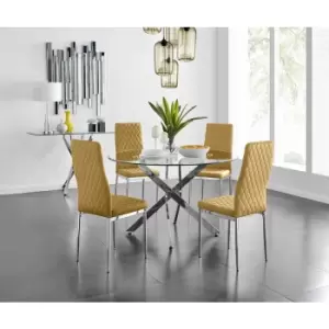 Furniturebox UK - Furniturebox Novara 120cm Round Dining Table and 4 Mustard Milan Velvet Dining Chairs Diamond Stitch Modern Contemporary Chrome