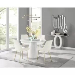 Furniturebox Palma White High Gloss 4 Seat Minimalist Post Modern Round Dining Table & 4 Cream Pesaro Gold Leg Velvet Chairs