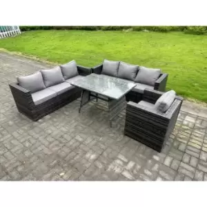 Fimous 7 Seater Dark Grey Outdoor PE Rattan Dining Sofa Complete Set with Patio Dining Table