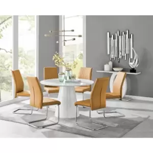 Furniturebox Palma White High Gloss 6 Seat Minimalist Post Modern Round Dining Table & 6 Mustard Lorenzo Faux Leather Chairs