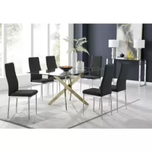 Furniturebox Leonardo 150cm Modern Glass And Gold Metal Dining Leg Table And 6 Black Milan Faux Leather Silver Chrome Leg Dining Chairs