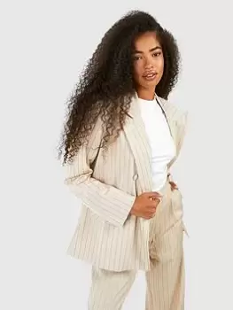 Boohoo Pinstripe Double Breasted Blazer - Sand, Beige, Size 14, Women