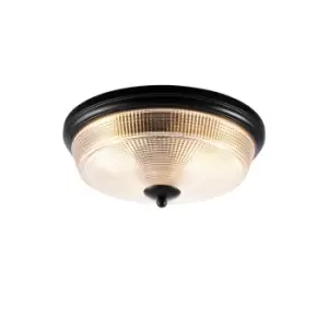 Watson 2 Light E27 Flush Ceiling Lamp, IP44, Satin Black, Prismatic Glass