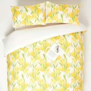 Yellow Tulips Digitally Printed Cotton Duvet Cover Set, Double - Yellow - Homescapes