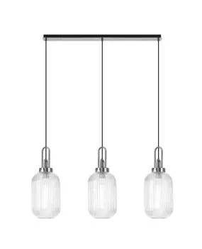 Linear 3 Light Pendant E27 With 20cm Tubular Ribbed Glass, Clear Polished Nickel, Matt Black