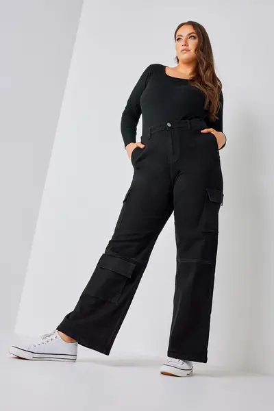 Yours Wide Leg Pocket Cargo Trousers Black