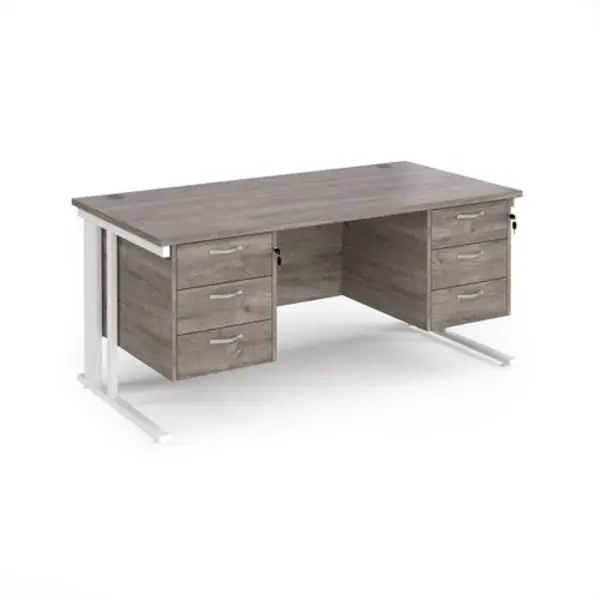 Maestro 25 straight desk 1600mm x 800mm with two x 3 drawer pedestals - white cable managed leg frame, grey oak top