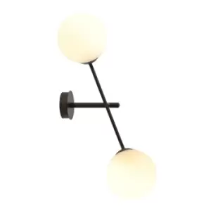 Linear Black Contemporary Wall Lamp with White Glass Shades, 2x E14