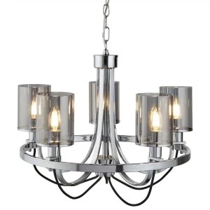 5 Light Multi Arm Ceiling Pendant Chrome, Smokey, Glass, E14