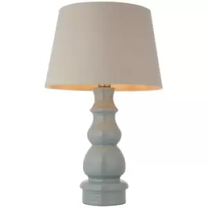 Endon Provence & Cici Base & Shade Table Lamp Blue Grey Glaze, Satin Nickel Plate & Grey Linen Fabric