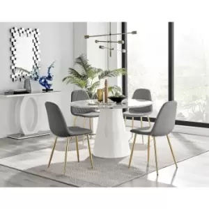 Furniturebox Palma White Marble Effect 120cm Round Minimalist Dining Table & 4 Grey Corona Faux Leather Dining Chairs with Gold Legs Diamond Stitch