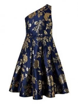 Monsoon Girls Connie 1 Shoulder Jacquard Prom Dress - Navy