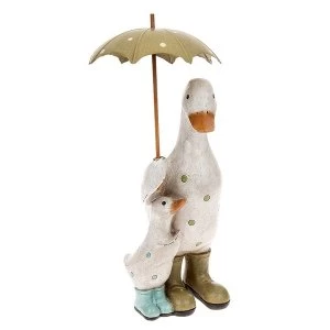 Polka Dot Brolly Duck Mum & Baby Green Ornament