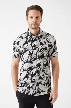 Mens Black Floral Cotton Slub Print Shirt