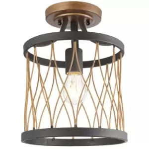 Flush Ceiling Mount Light Black & Bronze Round Rustic Vintage Metal Wire Lamp