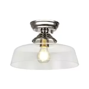 Luminosa Talisa Flush Ceiling Lamp E27 With Flat Round 30cm Glass Shade Polished Nickel, Clear