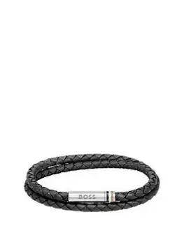 BOSS Gents BOSS Ares Black Double Wrap Leather Bracelet, Black, Men