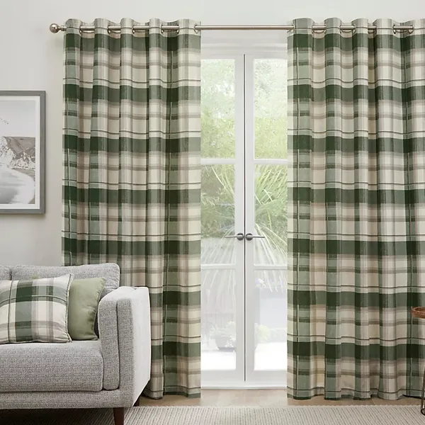 Fusion Balmoral Check Ready Made Eyelet Curtains Bottle Green