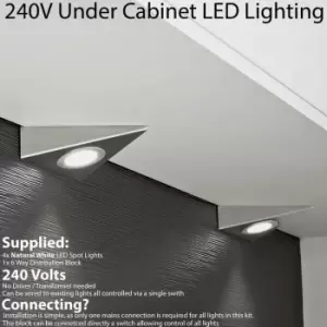 4x brushed nickel Triangle Surface Under Cabinet Kitchen Light Kit - 240V Mains Powered - Natural White led