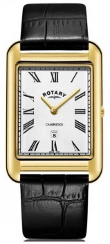 Rotary Mens Cambridge Date Gold Square Black Leather Watch