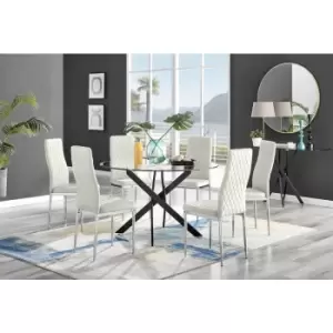 Furniturebox UK - Furniturebox Novara Black Leg 120cm Round Glass Dining Table & 6 Cream Milan Velvet Dining Chairs Diamond Stitch Modern