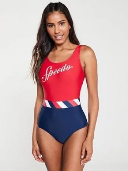 Speedo Shoreline Swimsuit - Red/Navy , Red/Navy, Size 30, Women