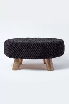 Large Round Cotton Knitted Footstool on Legs