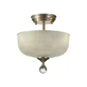 Luminosa Talisa 2 Light Semi Flush Ceiling Lamp E27 With Round 26.5cm Prismatic Effect Glass Shade Satin Nickel, Clear