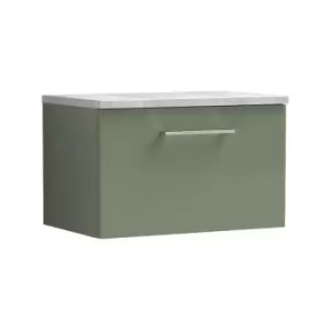 Nuie Arno Satin Green 600mm Wall Hung Single Drawer Vanity Unit with Bellato Grey Laminate Worktop - ARN822LBG - Satin Green