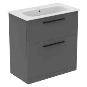 Ideal Standard I.life A 80Cm Matt Quartz Grey Floor Standing Vanity Unit, 84Cm White Vanity Basin And Black Handle Pack